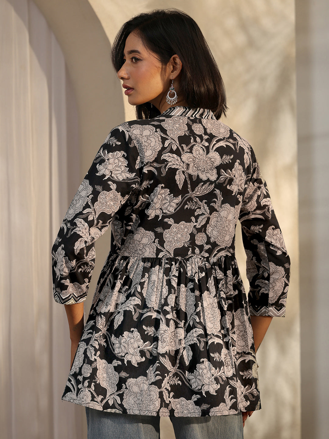  Black Printed Cotton A-Line Short Kurti 