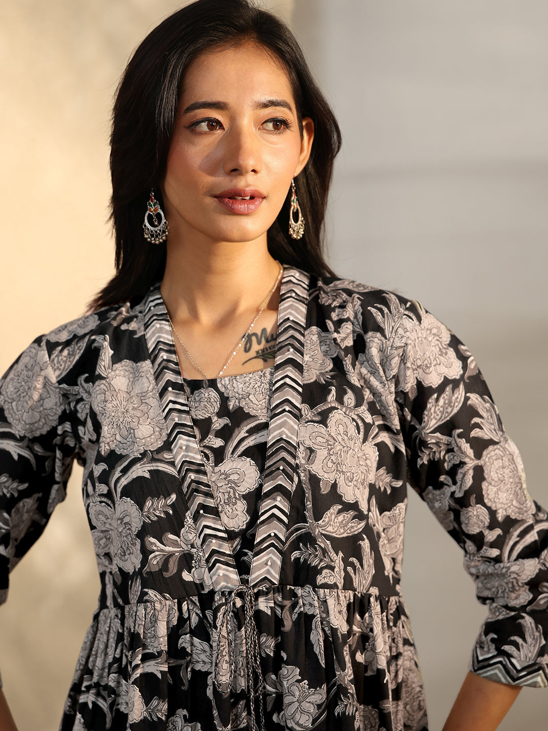  Black Printed Cotton A-Line Short Kurti 