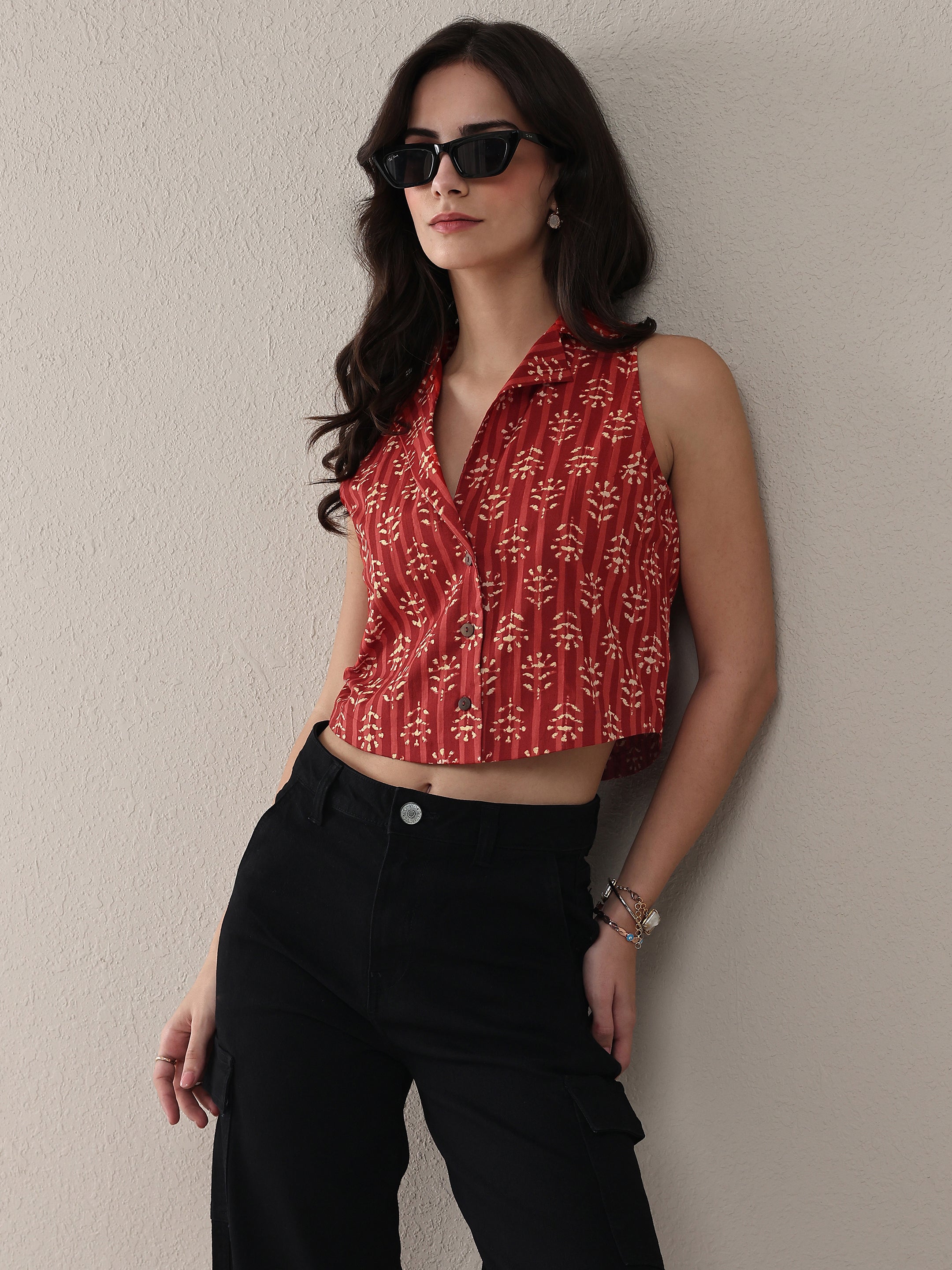 libas Rust Ethnic Printed Cotton Crop Top-picture-18