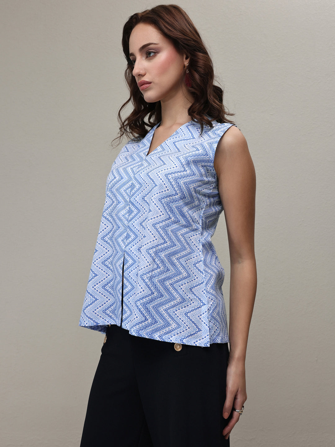  Blue Chevron Printed Cotton Top 