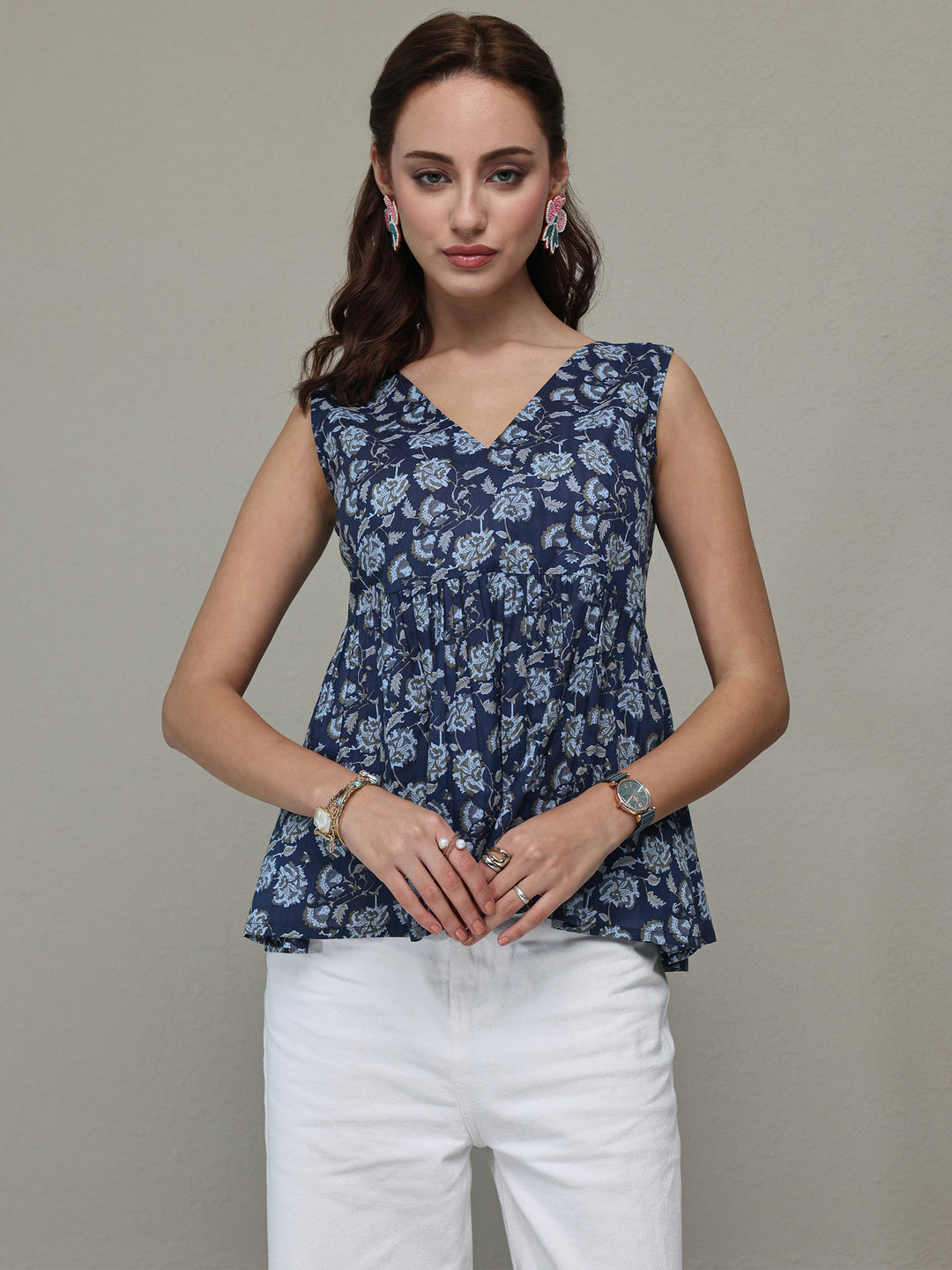  Blue Floral Printed Cotton Anarkali Top 
