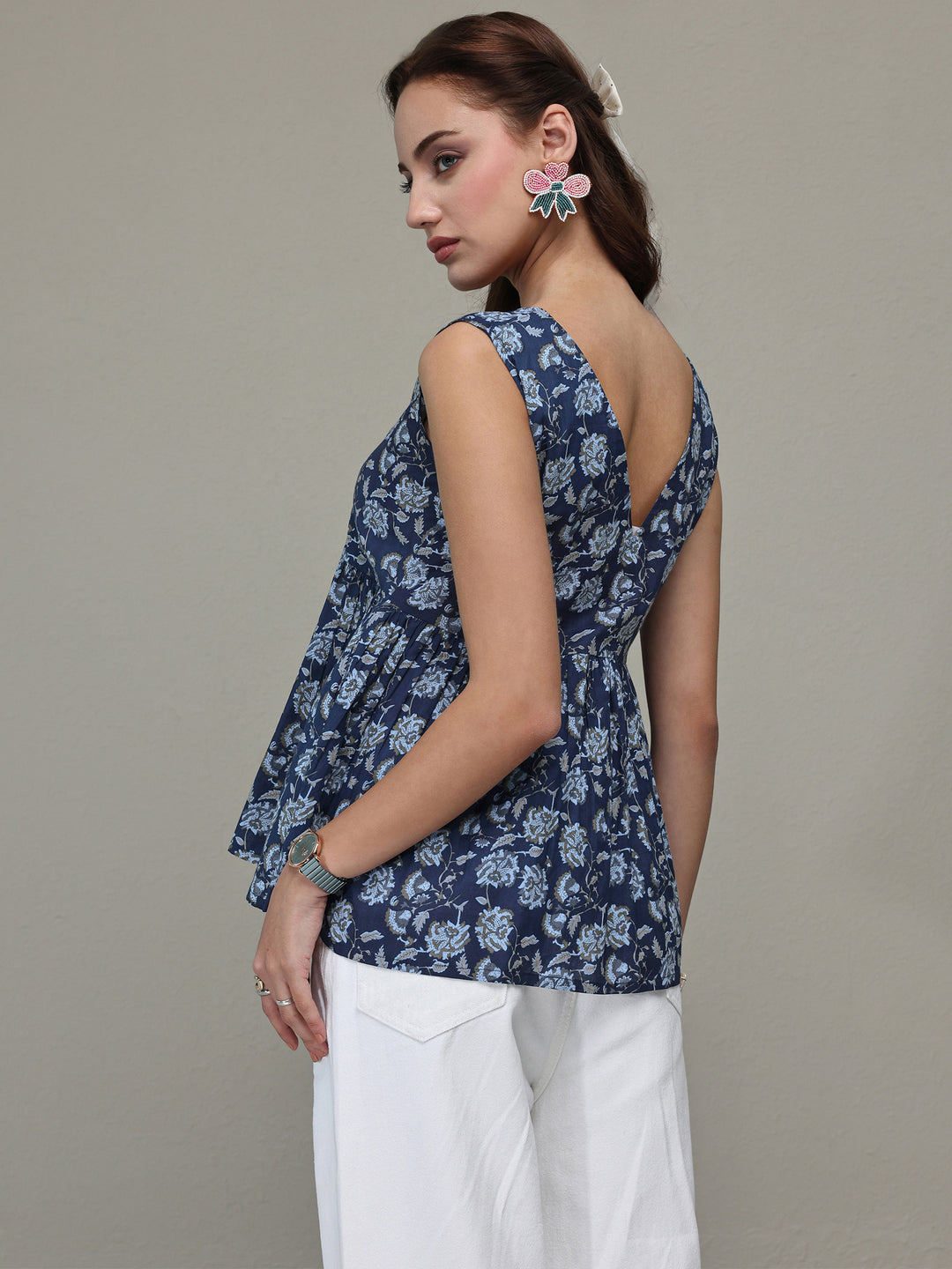  Blue Floral Printed Cotton Anarkali Top 