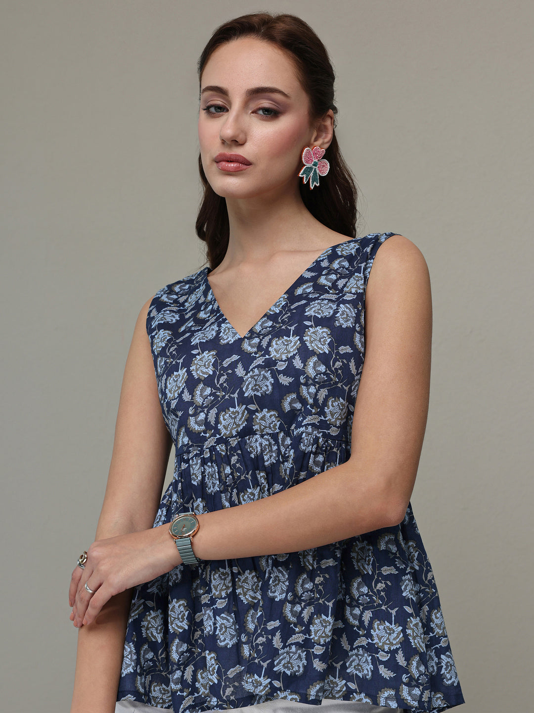  Blue Floral Printed Cotton Anarkali Top 