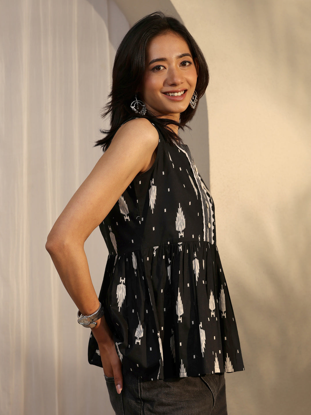  Black Block Printed Cotton A-Line Short Kurti 