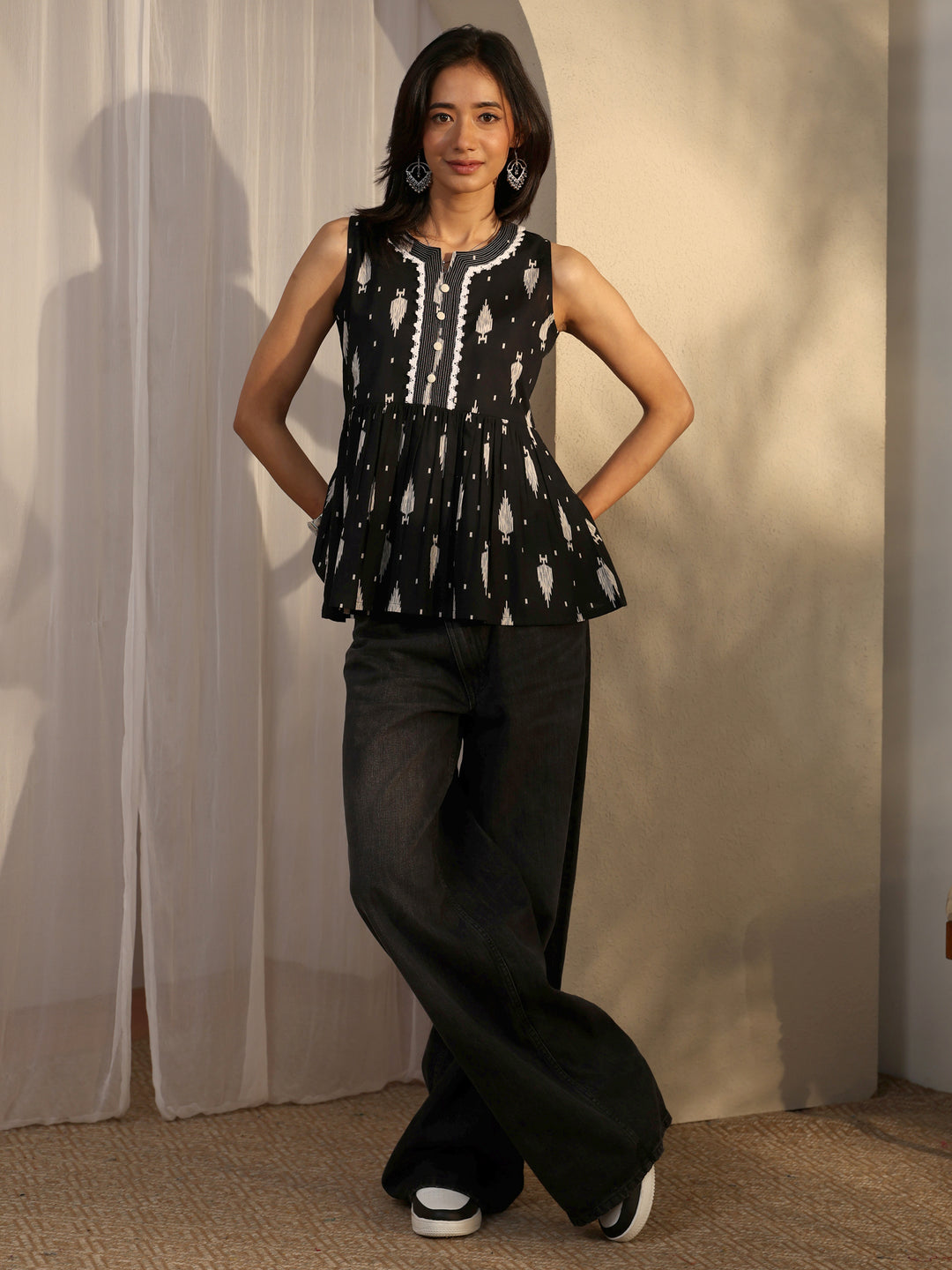  Black Block Printed Cotton A-Line Short Kurti 