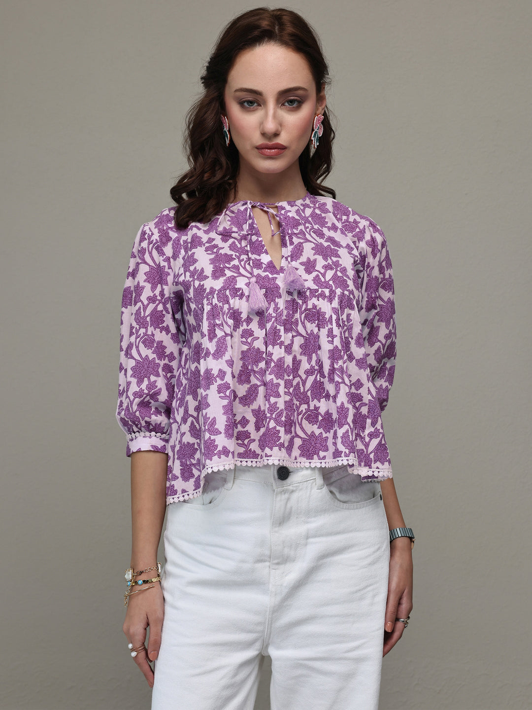  Purple Floral Printed Cotton Tie-Up Top 