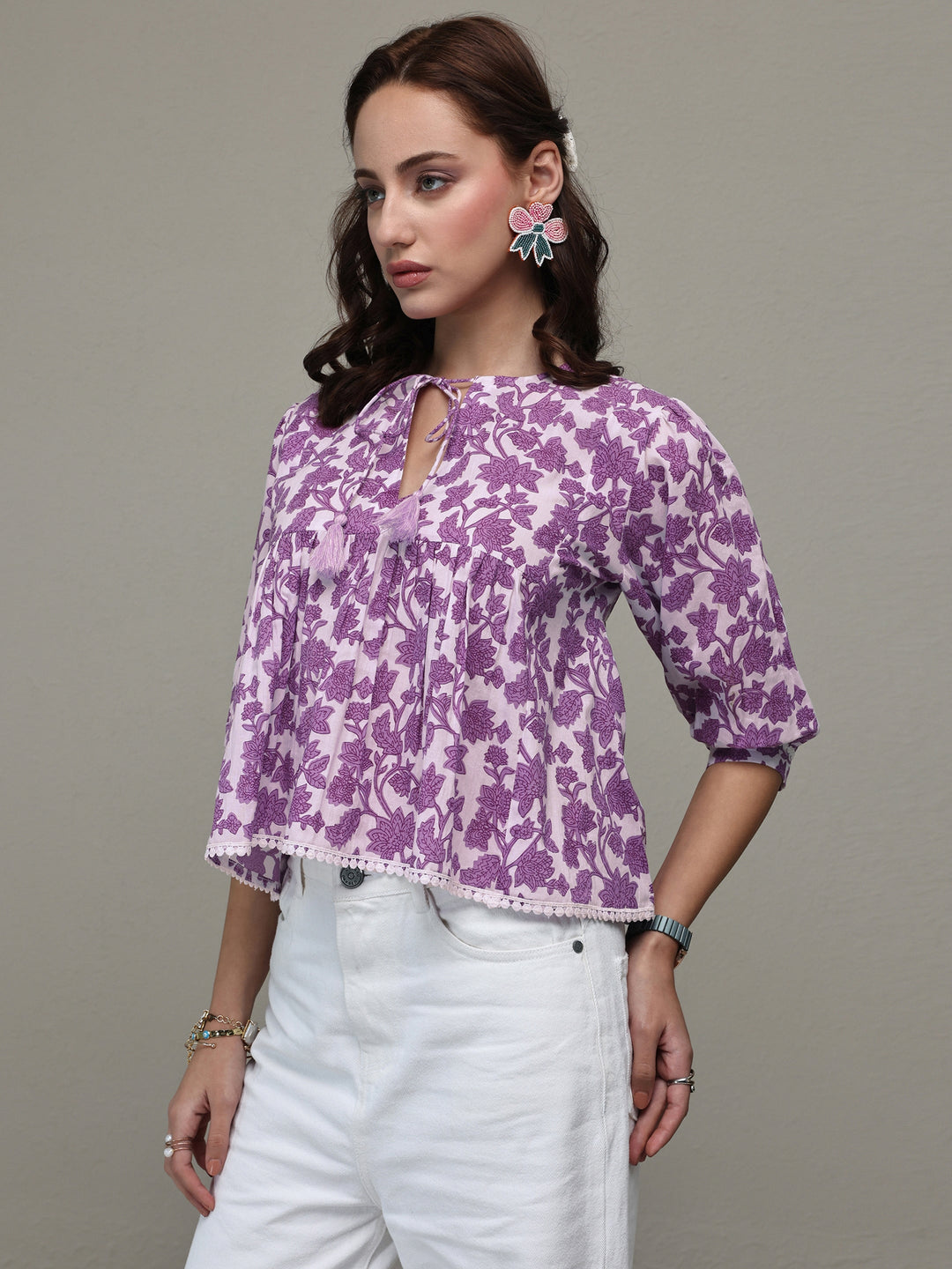  Purple Floral Printed Cotton Tie-Up Top 
