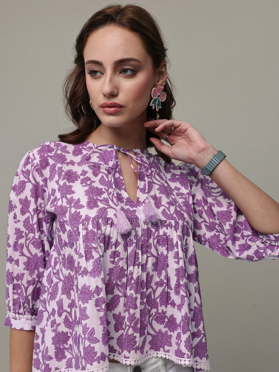  Purple Floral Printed Cotton Tie-Up Top 