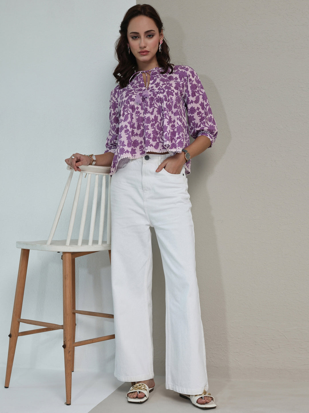  Purple Floral Printed Cotton Tie-Up Top 