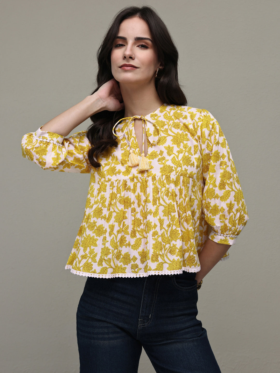  Yellow Floral Printed Cotton Tie-Up Top 