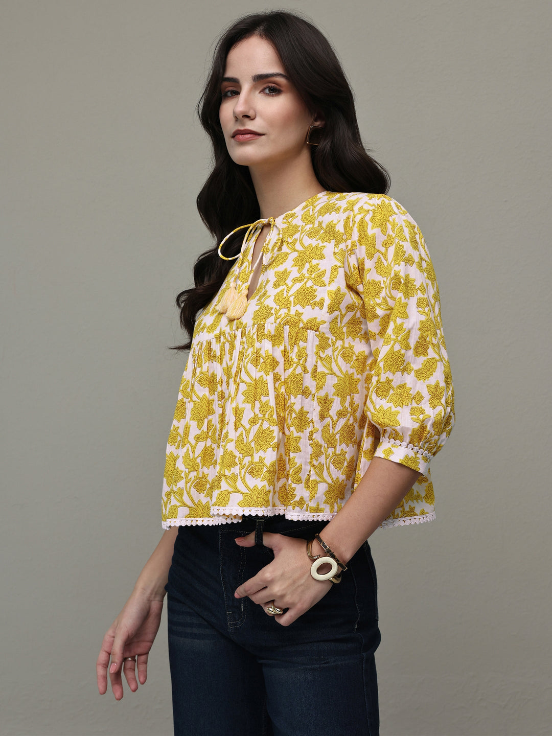  Yellow Floral Printed Cotton Tie-Up Top 