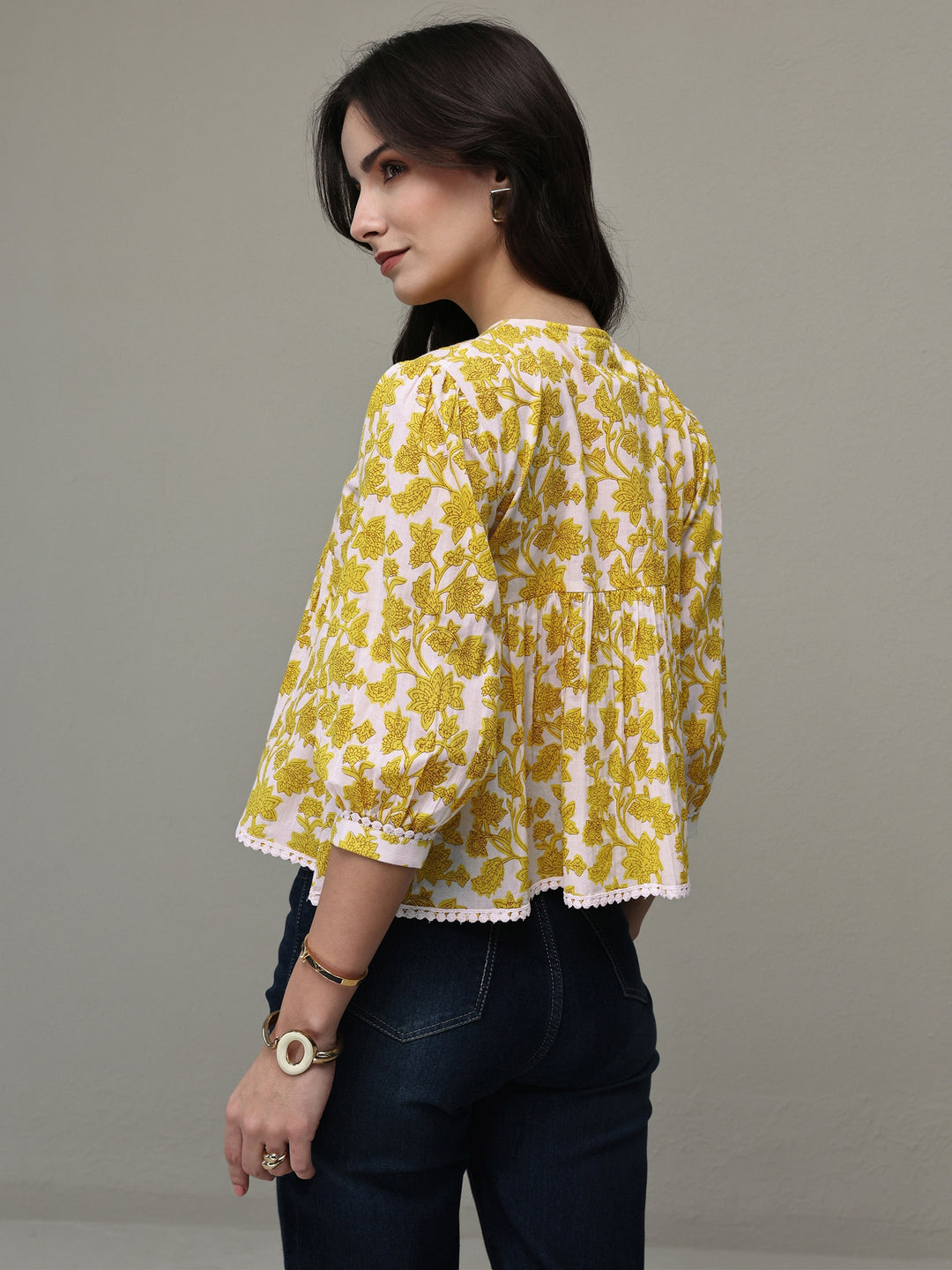  Yellow Floral Printed Cotton Tie-Up Top 