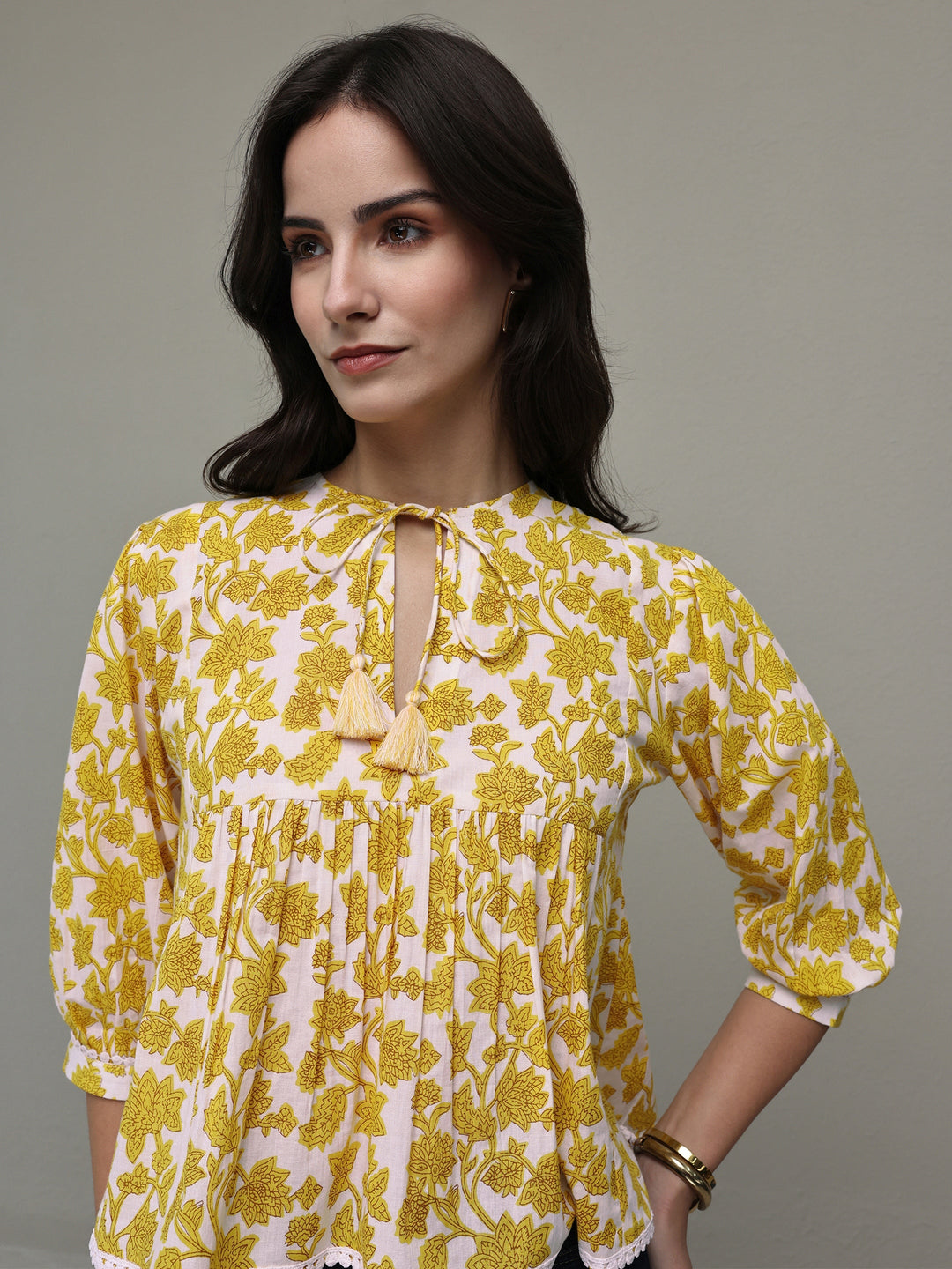  Yellow Floral Printed Cotton Tie-Up Top 