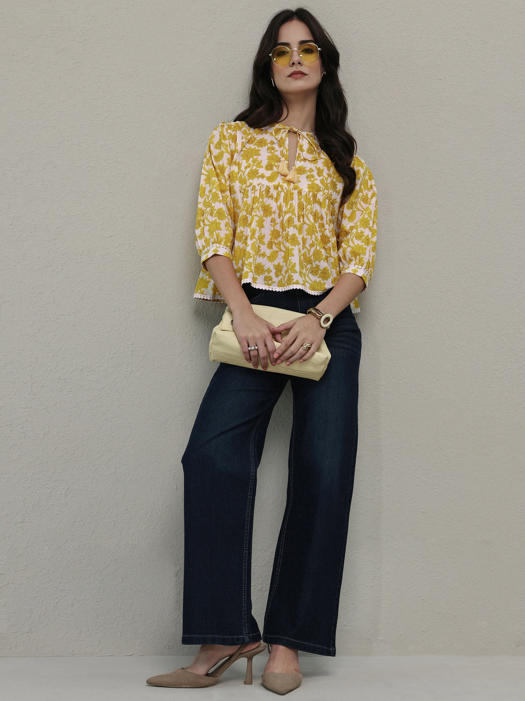  Yellow Floral Printed Cotton Tie-Up Top 