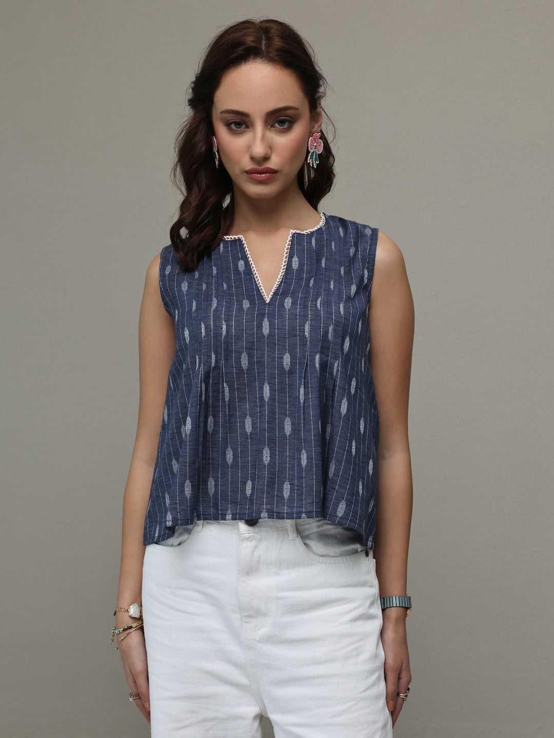  Blue Ethnic Woven Design Cotton Blend Top 