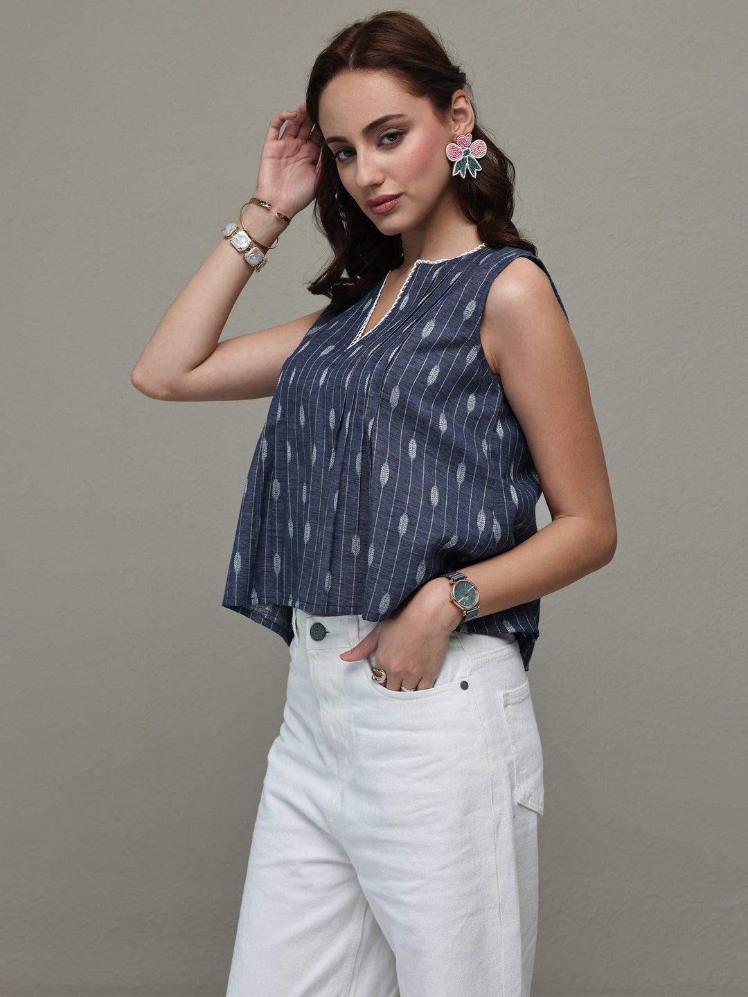  Blue Ethnic Woven Design Cotton Blend Top 