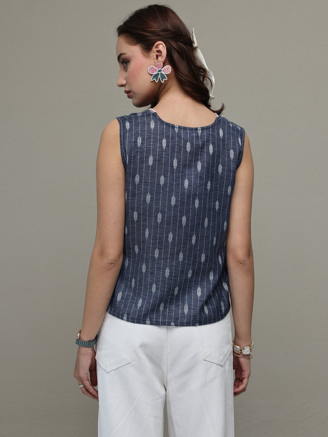  Blue Ethnic Woven Design Cotton Blend Top 