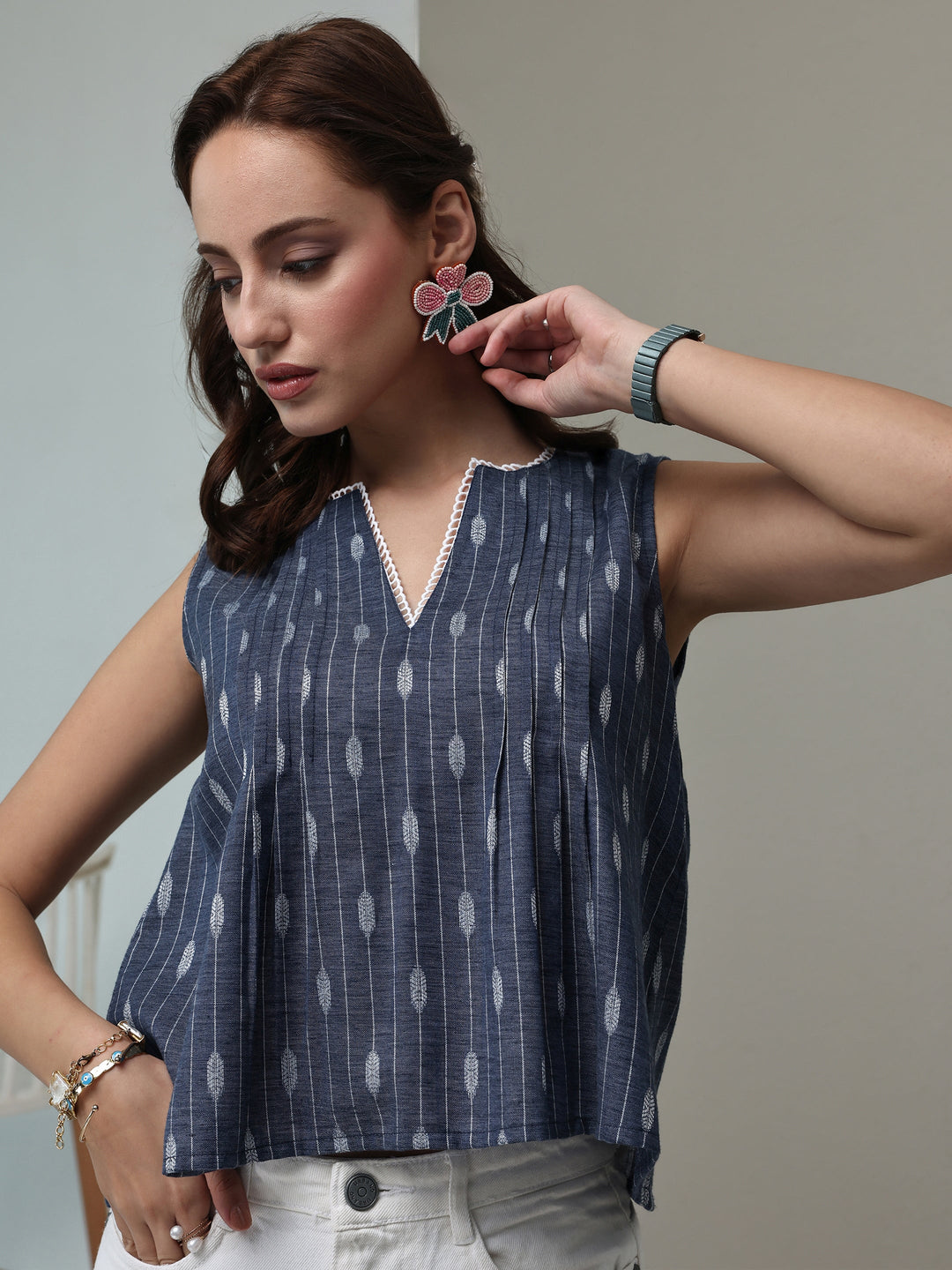  Blue Ethnic Woven Design Cotton Blend Top 