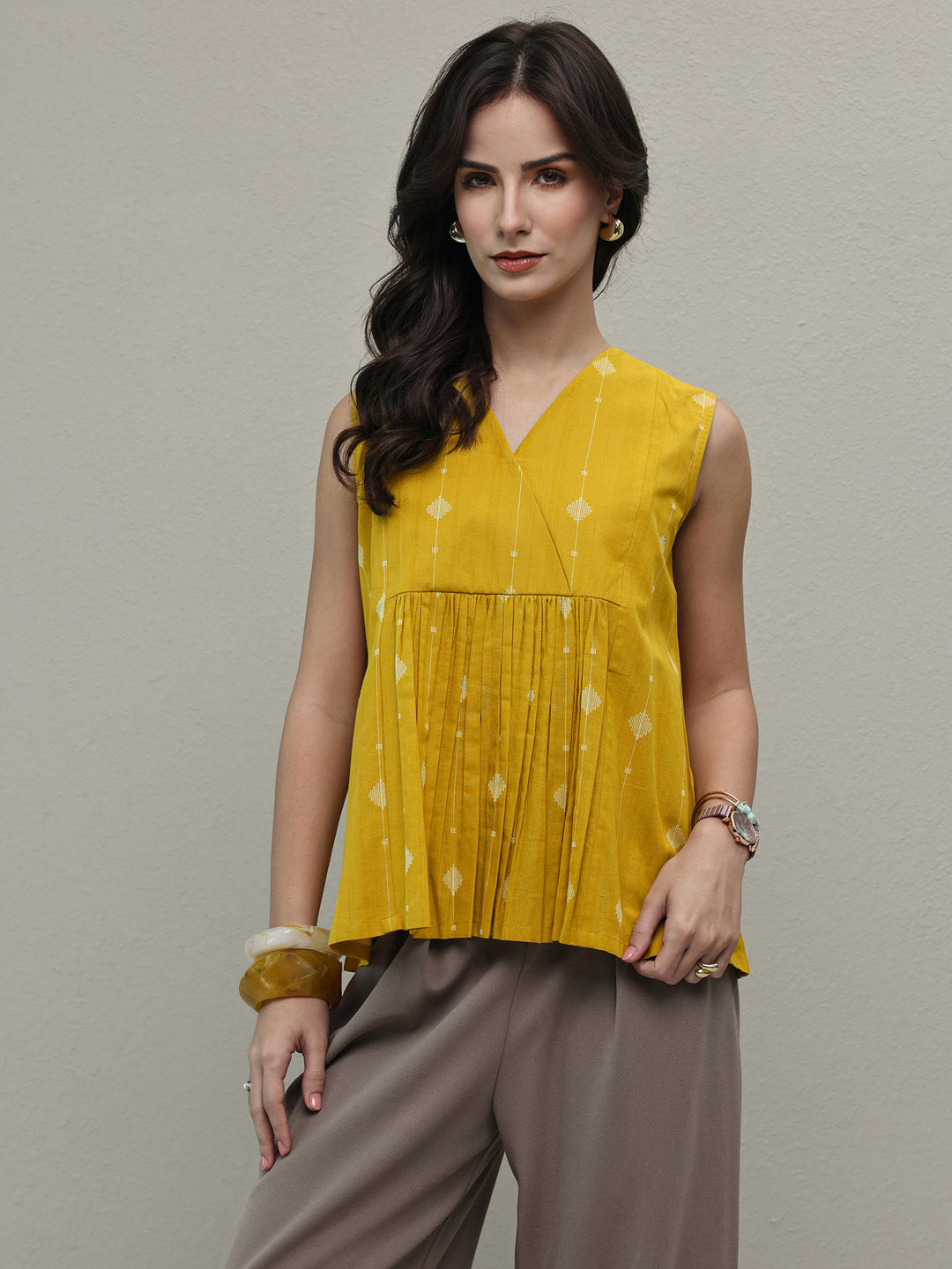  Yellow Woven Design Cotton A-Line Top 