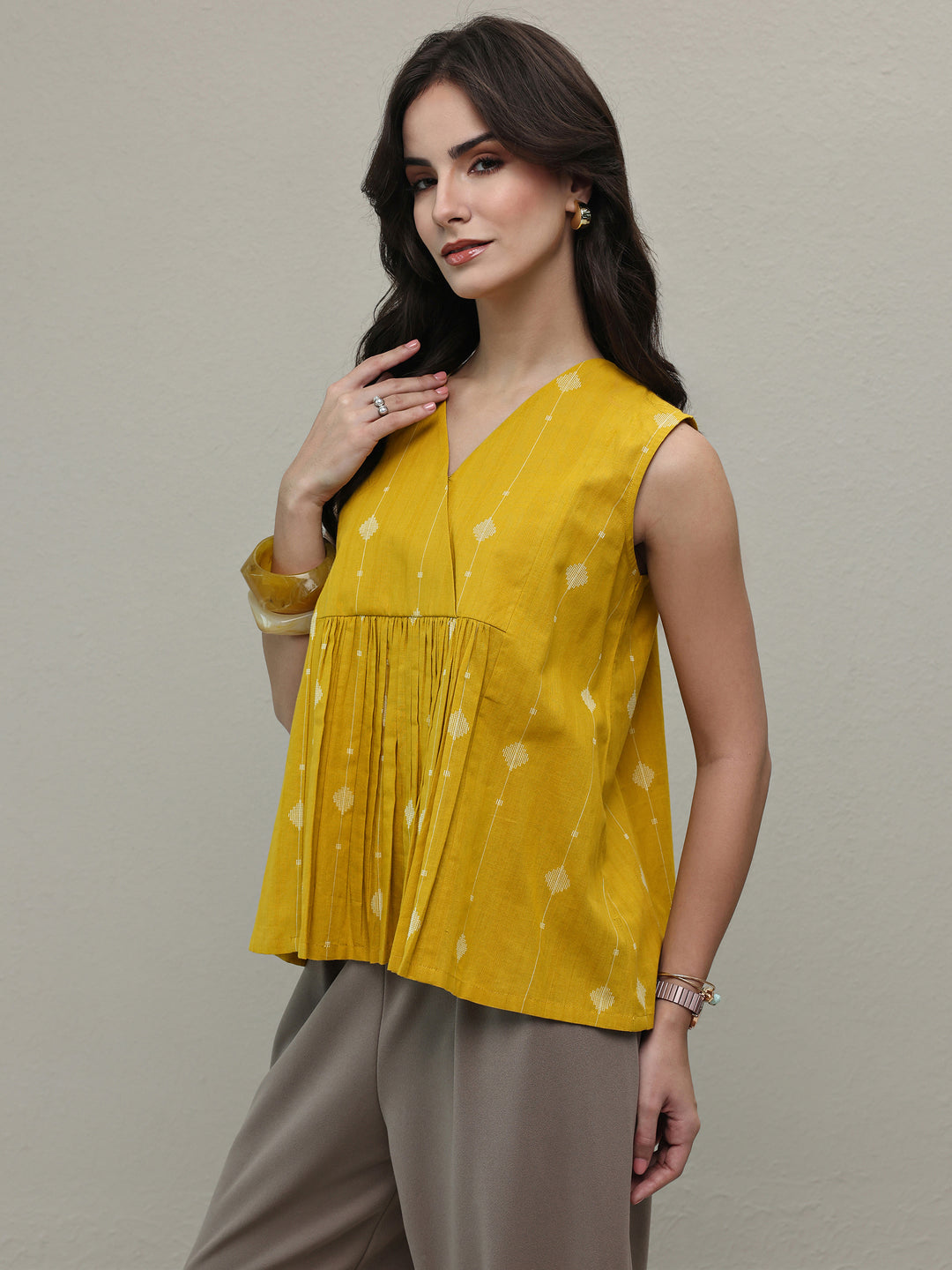  Yellow Woven Design Cotton A-Line Top 