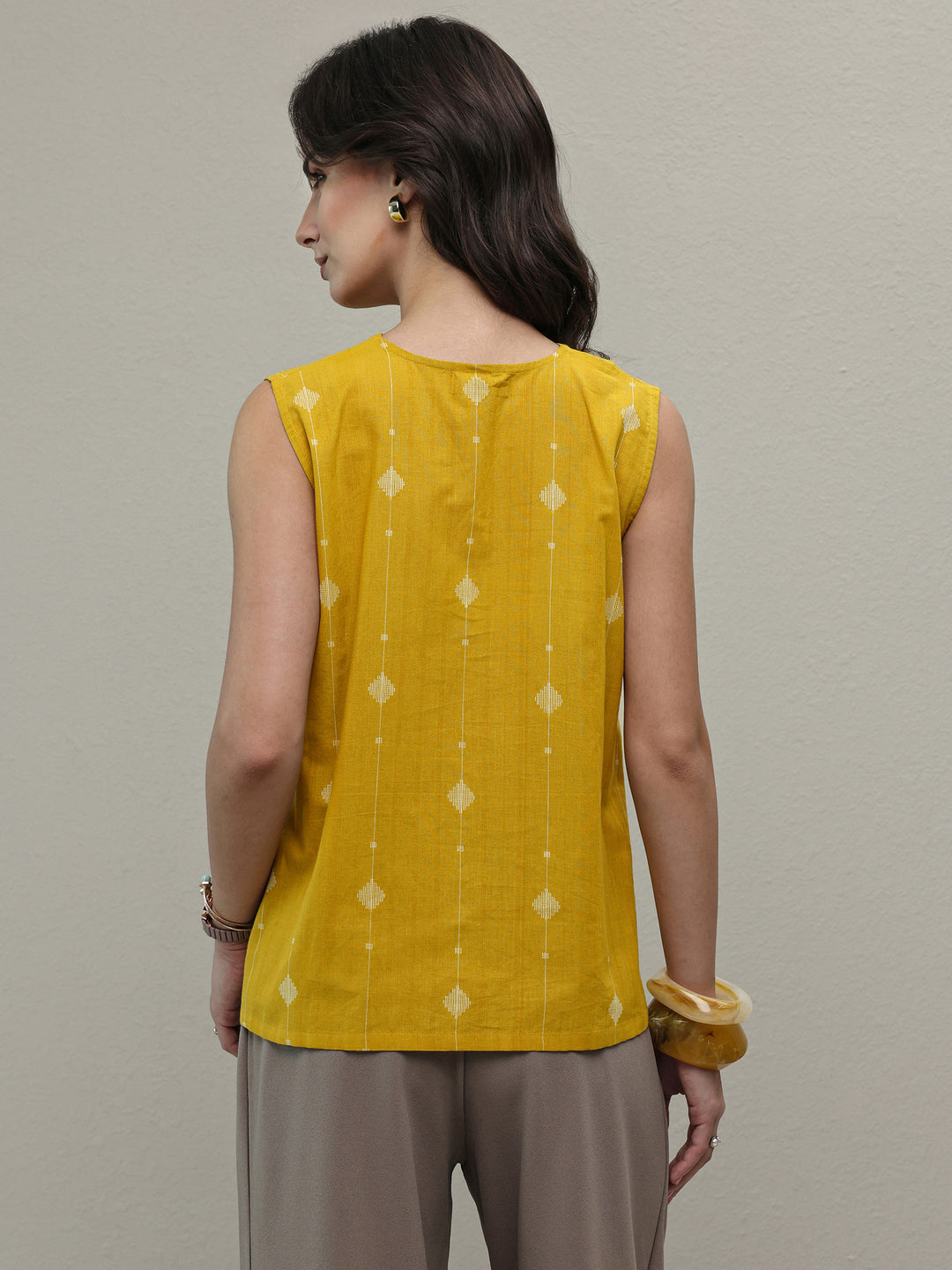  Yellow Woven Design Cotton A-Line Top 