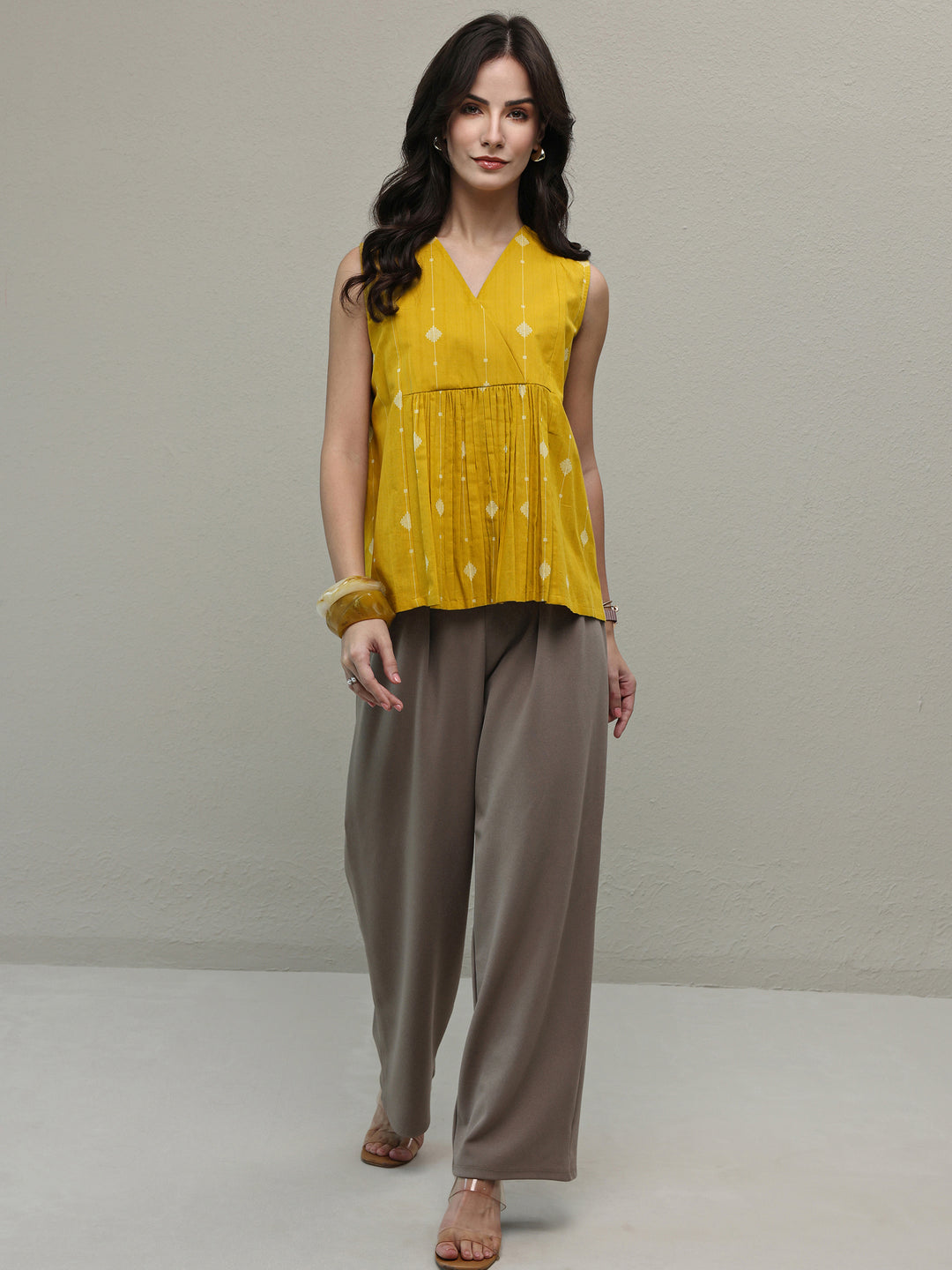  Yellow Woven Design Cotton A-Line Top 