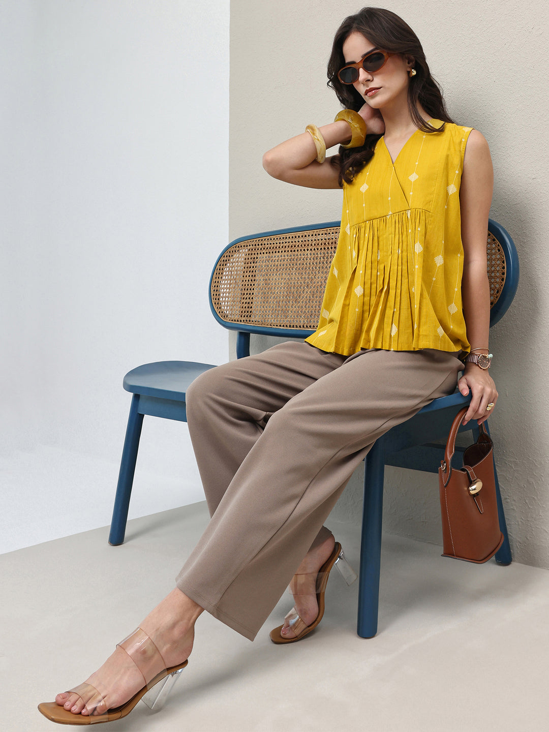  Yellow Woven Design Cotton A-Line Top 