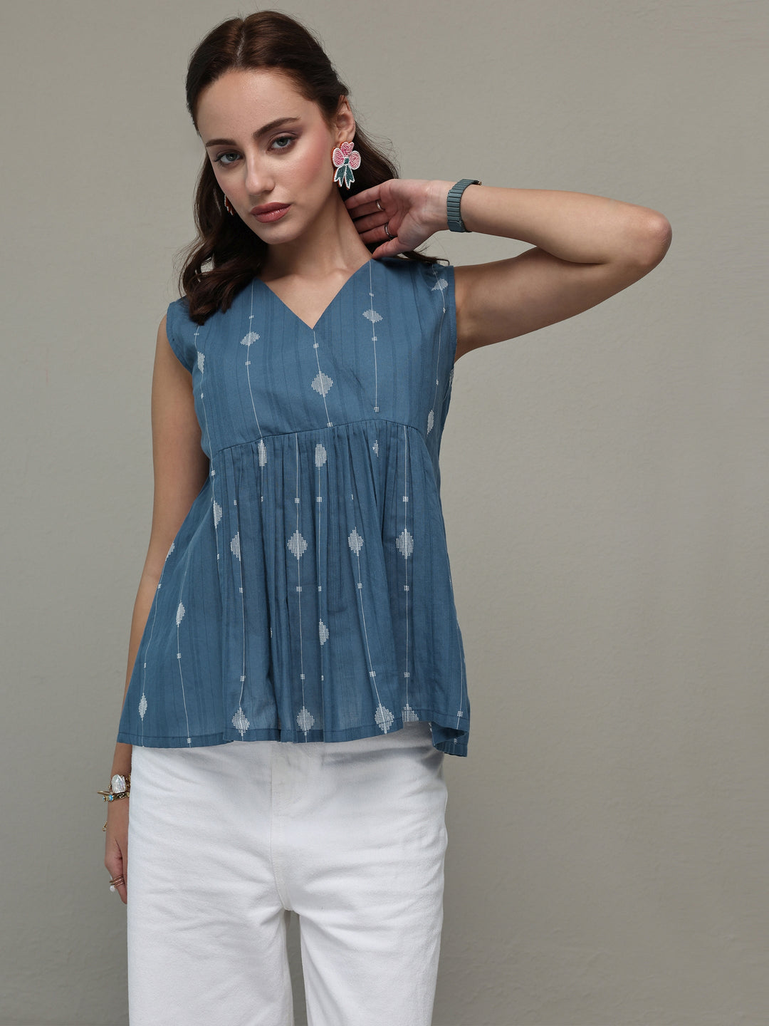  Blue Ethnic Woven Design Cotton Top 