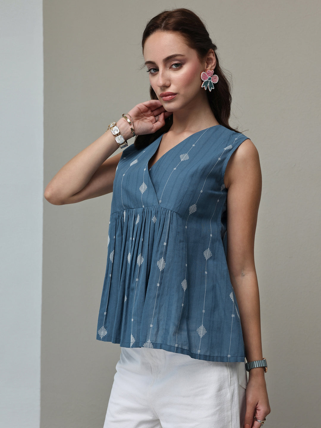  Blue Ethnic Woven Design Cotton Top 