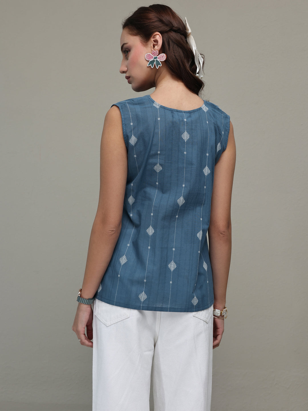  Blue Ethnic Woven Design Cotton Top 