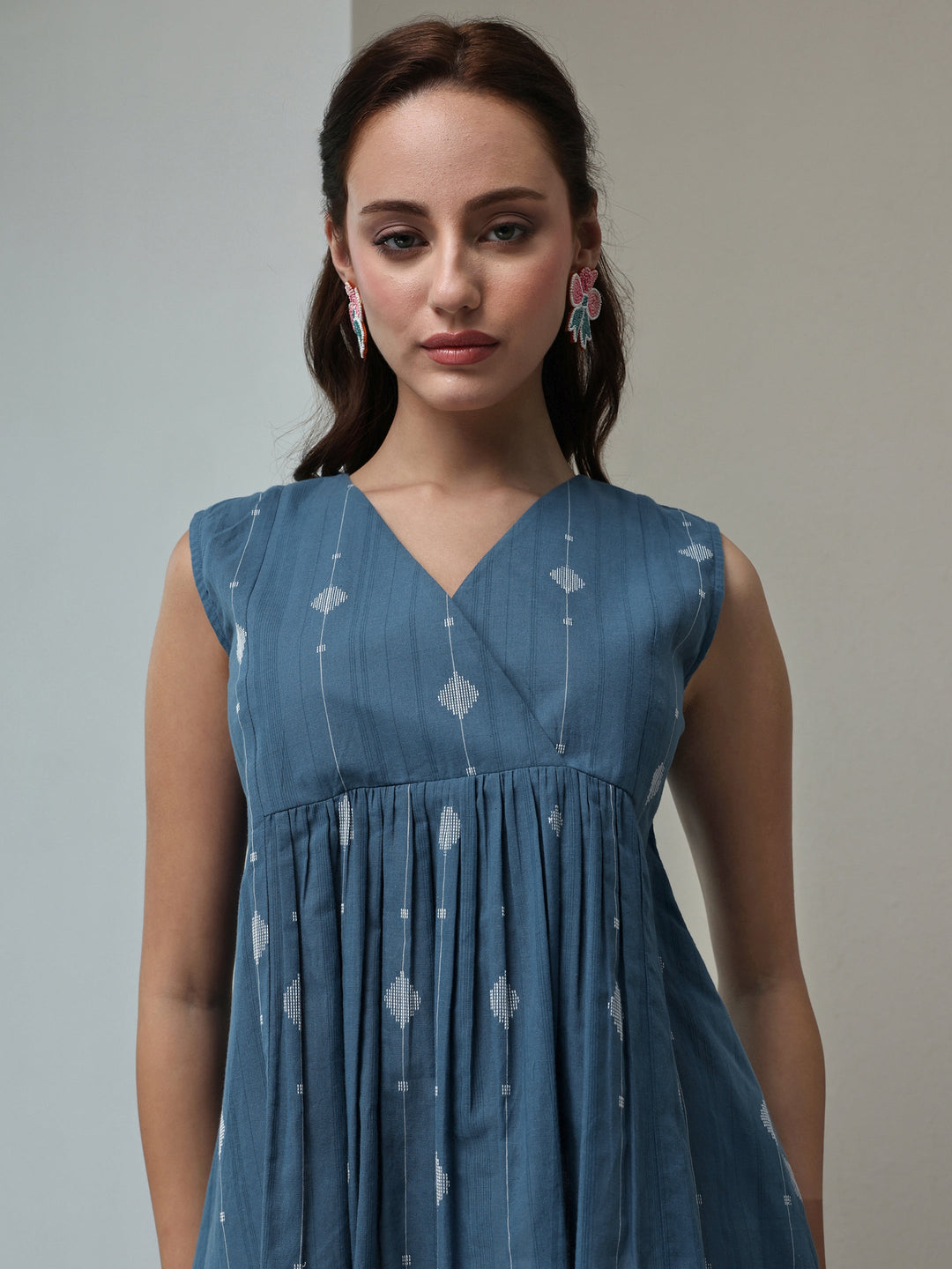  Blue Ethnic Woven Design Cotton Top 