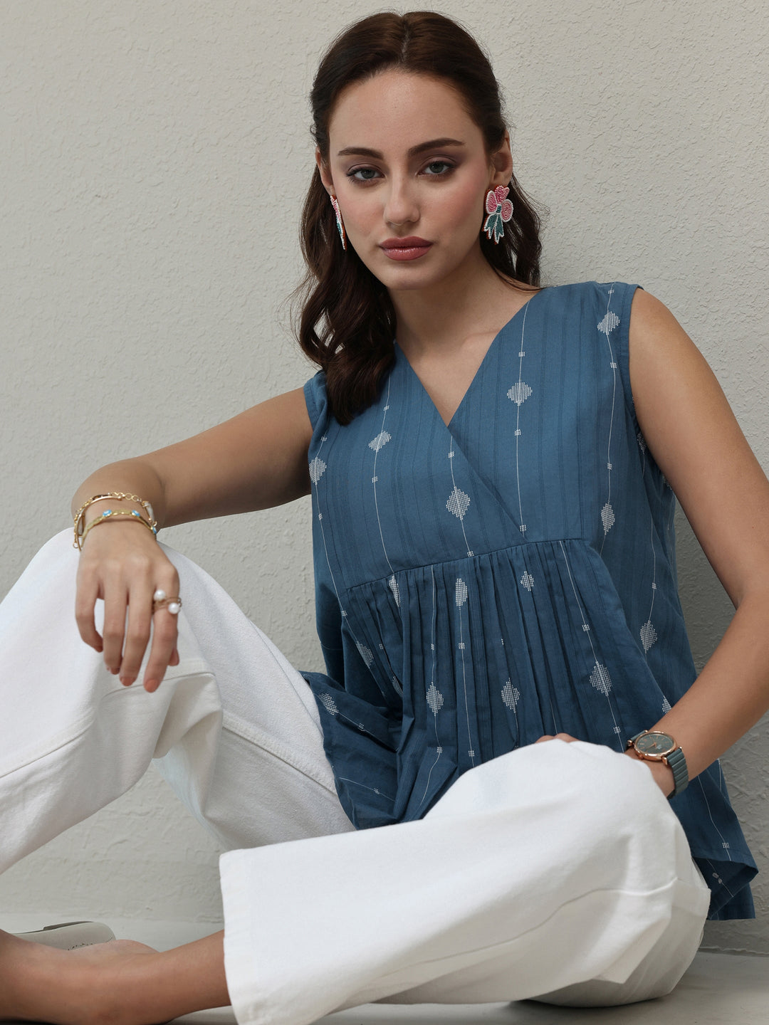  Blue Ethnic Woven Design Cotton Top 