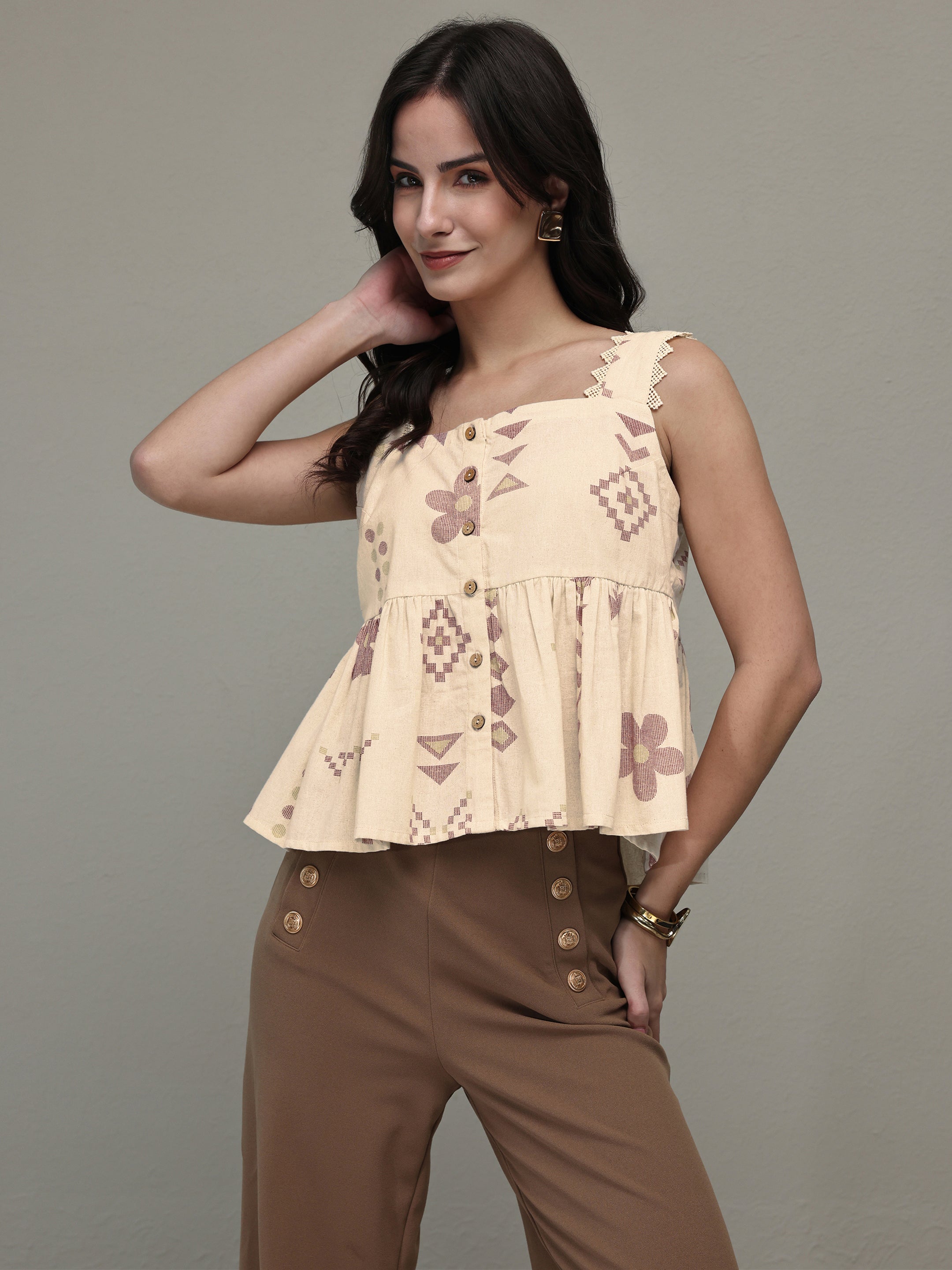 libas Off White Geometric Printed Cotton Peplum Top-picture-17