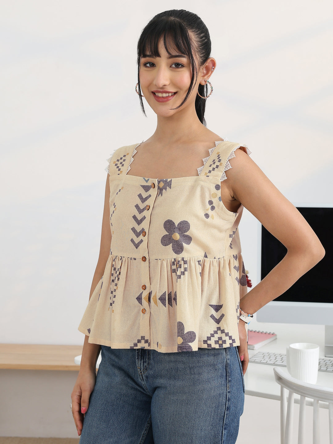  Off White Printed Cotton Straight Top 