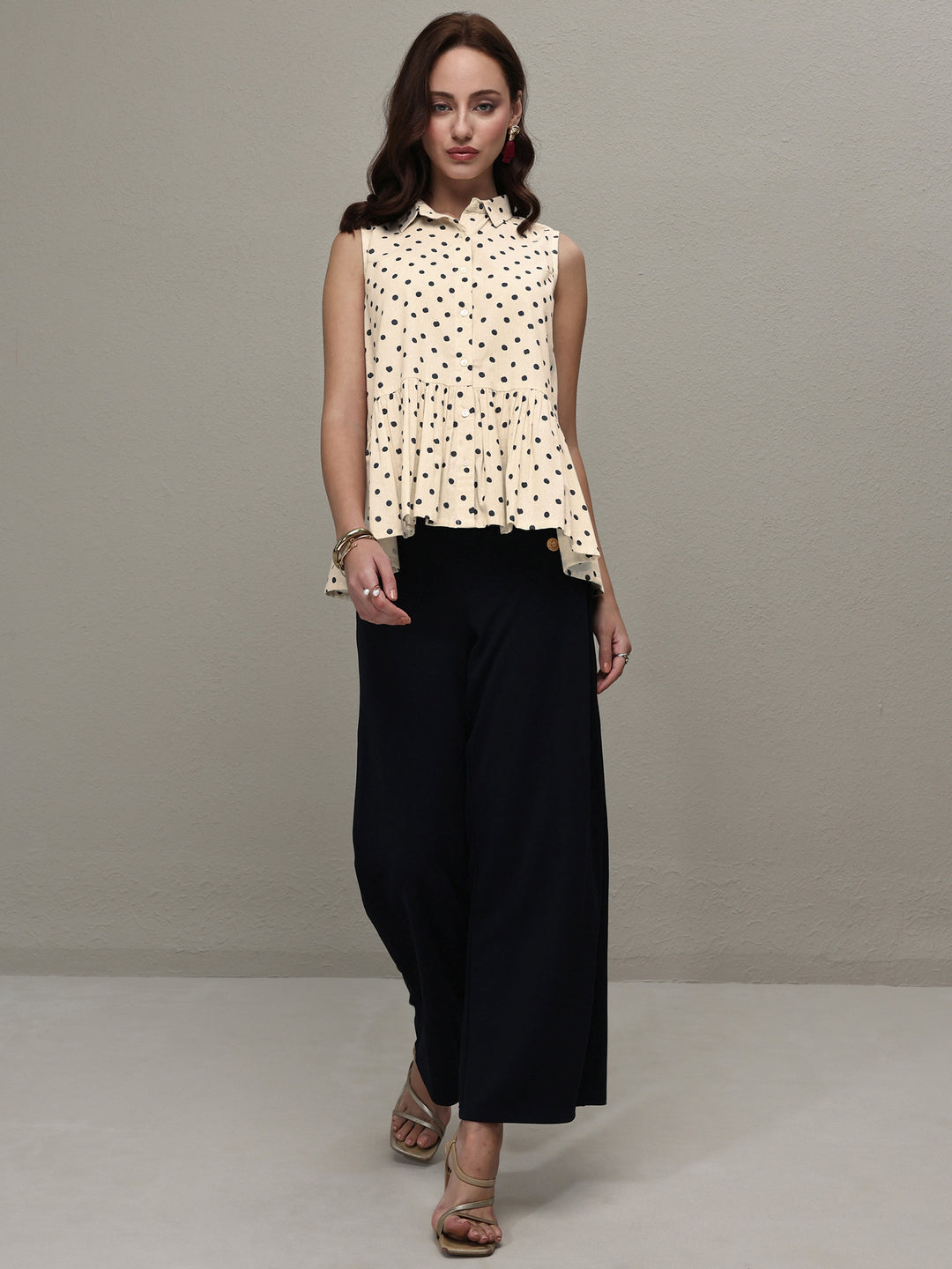  Off White Polka Dot Printed Cotton A-Line Top 