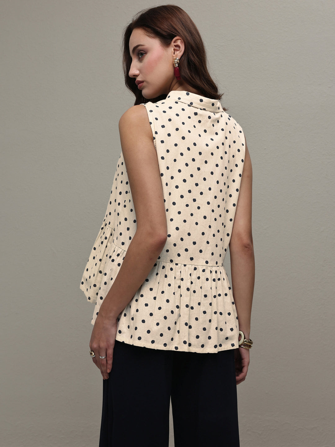  Off White Polka Dot Printed Cotton A-Line Top 