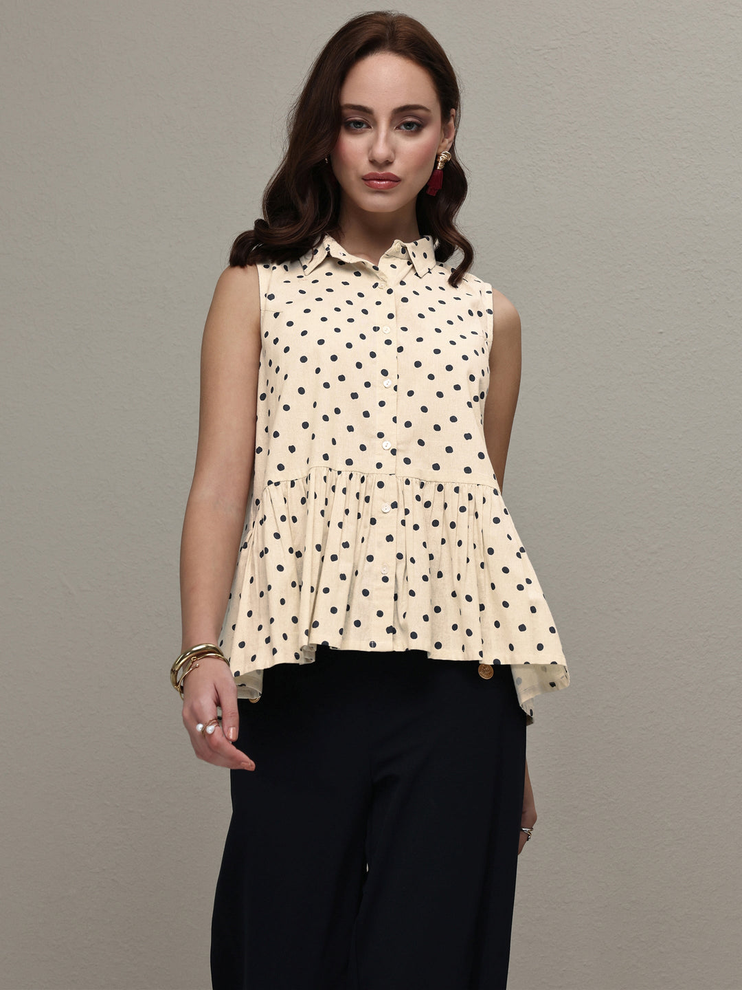  Off White Polka Dot Printed Cotton A-Line Top 