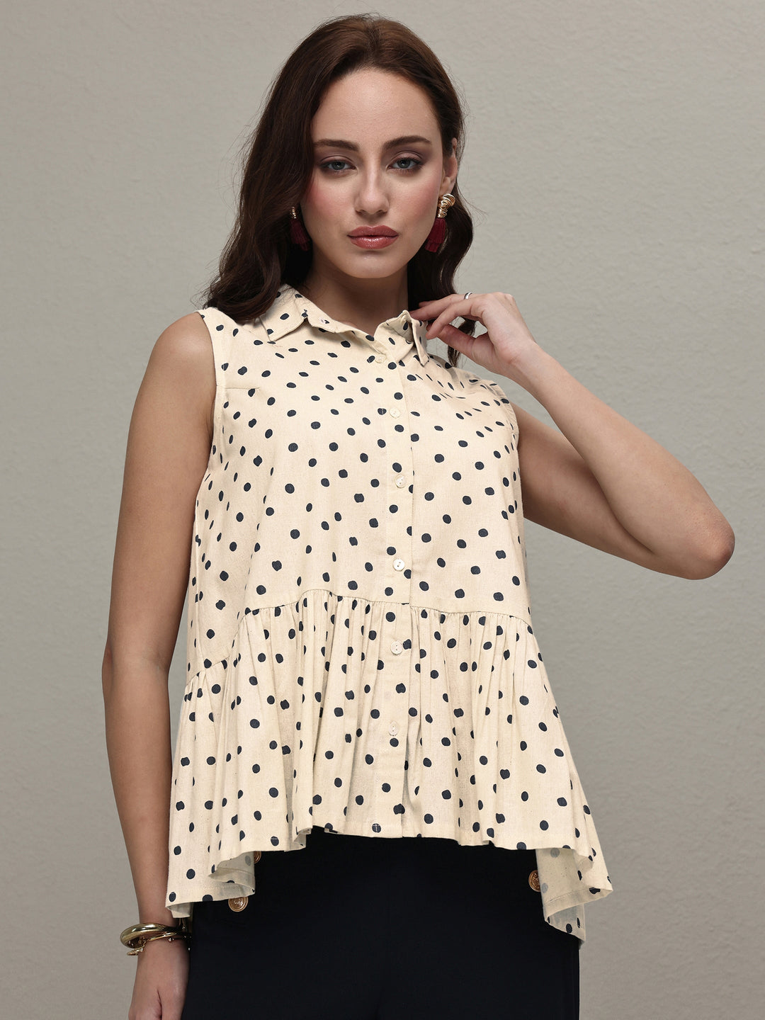  Off White Polka Dot Printed Cotton A-Line Top 