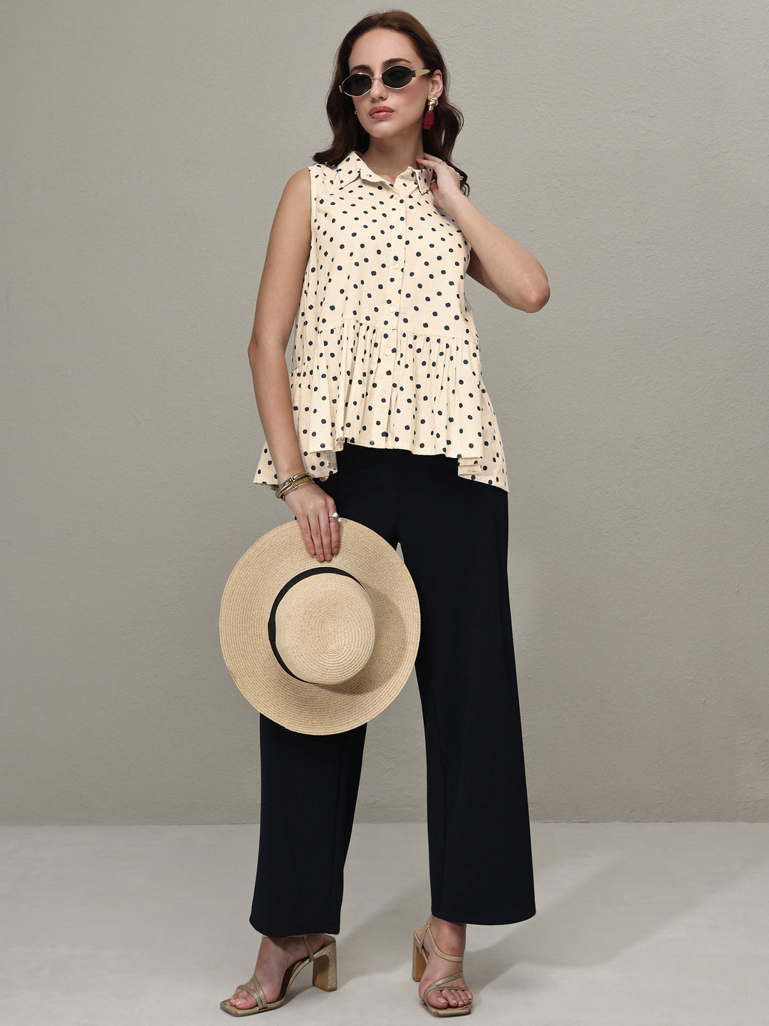  Off White Polka Dot Printed Cotton A-Line Top 
