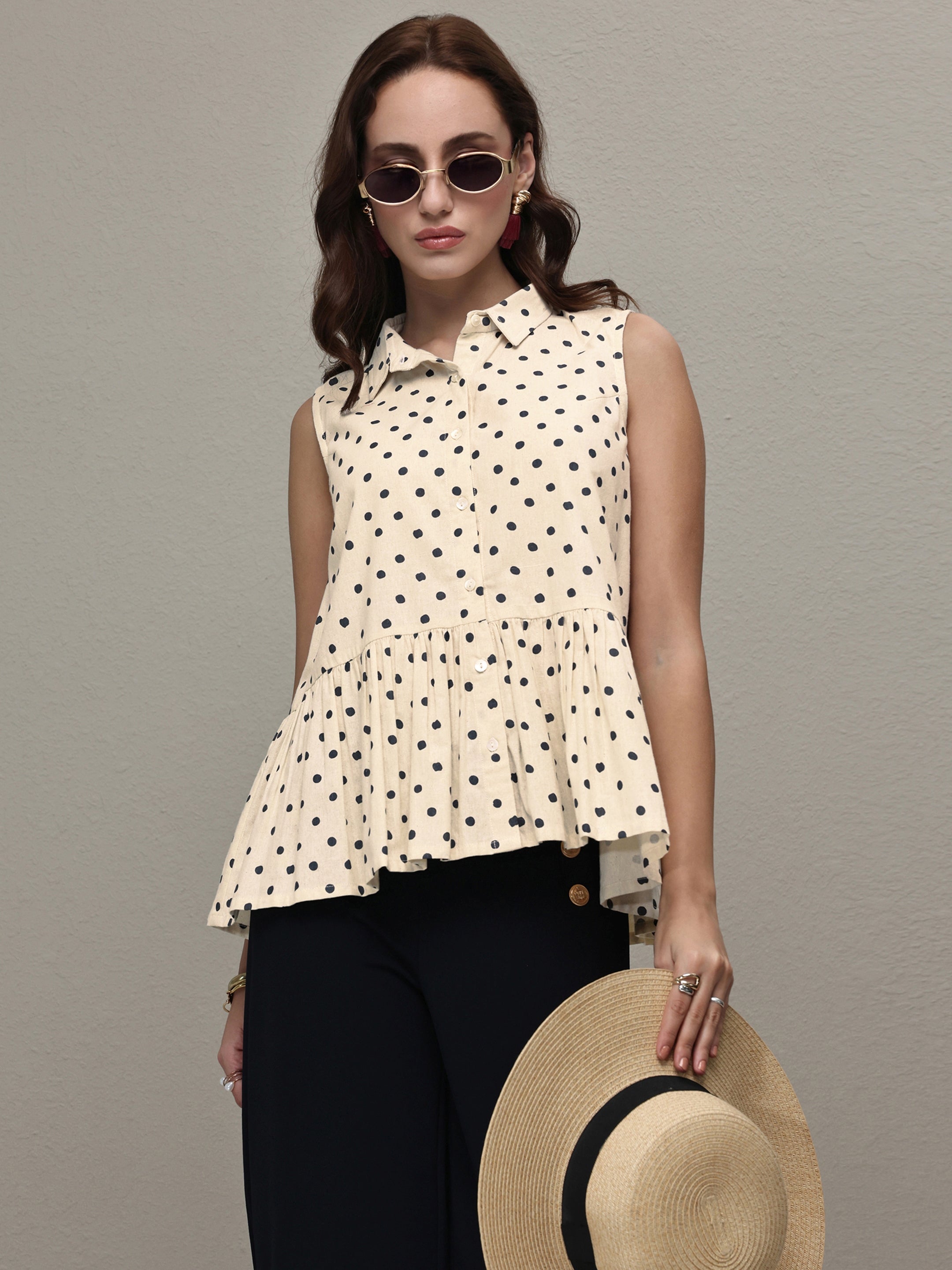 libas Off White Polka Dot Printed Cotton A-Line Top-picture-16