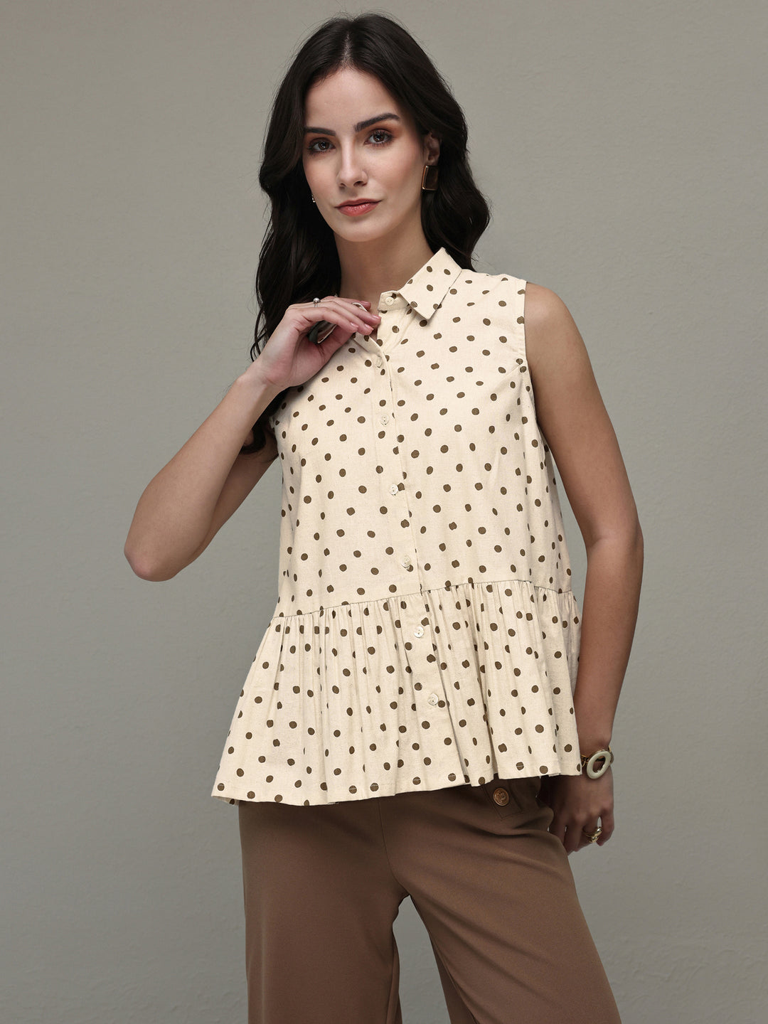 Off White Polka Dot Printed Cotton Top 