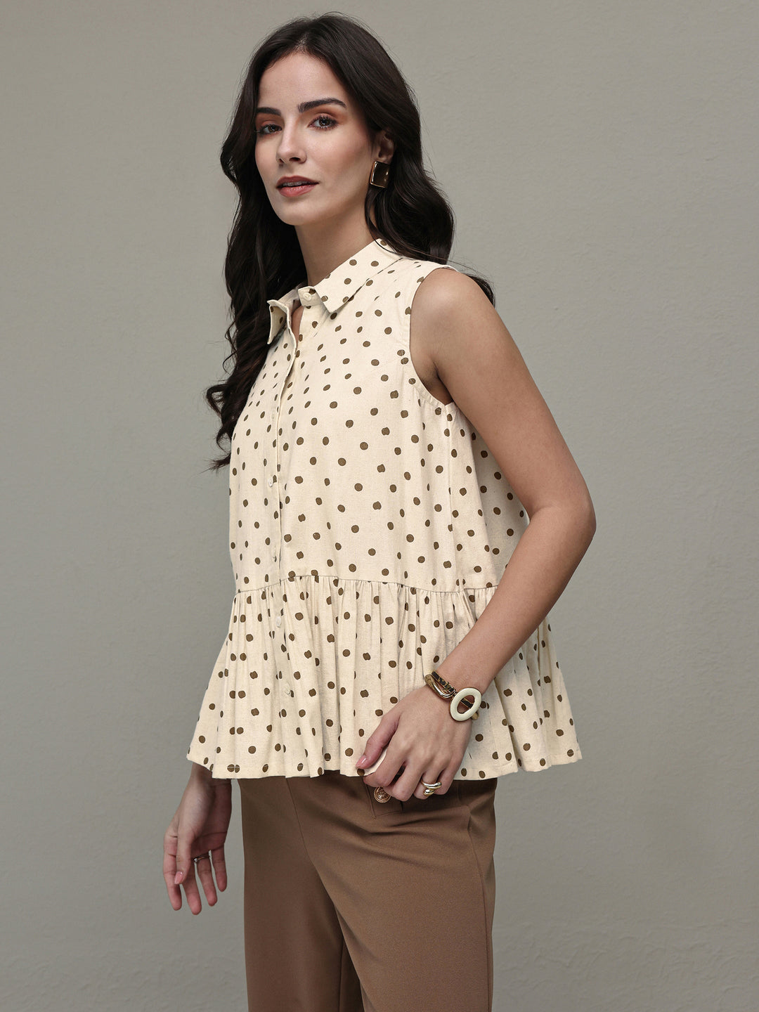  Off White Polka Dot Printed Cotton Top 
