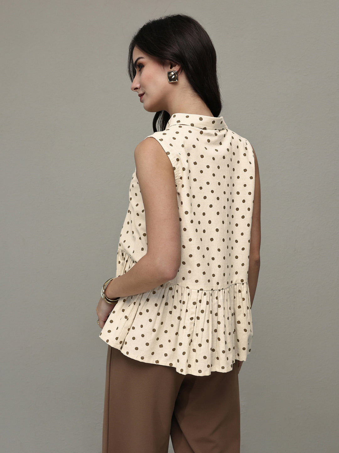  Off White Polka Dot Printed Cotton Top 