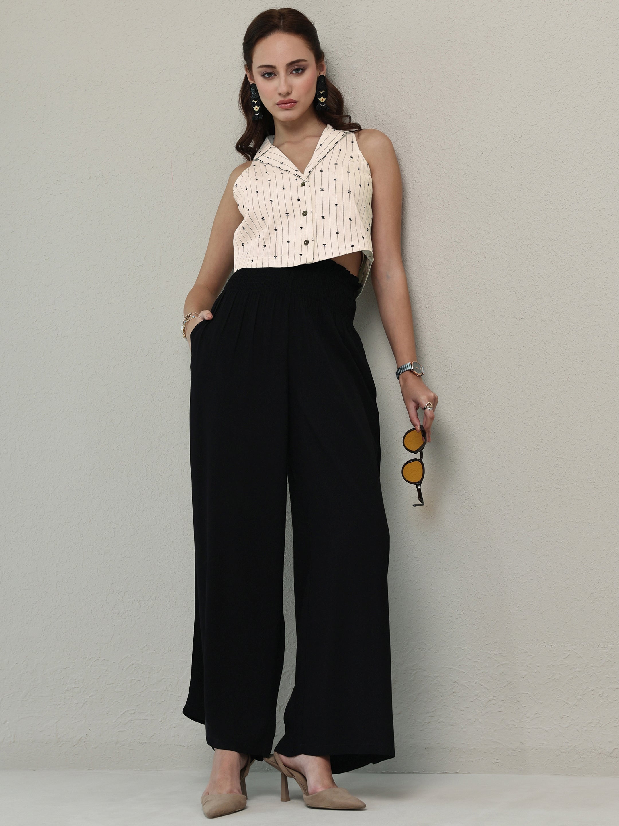 libas Off White Woven Design Cotton Blend Crop Top-picture-13