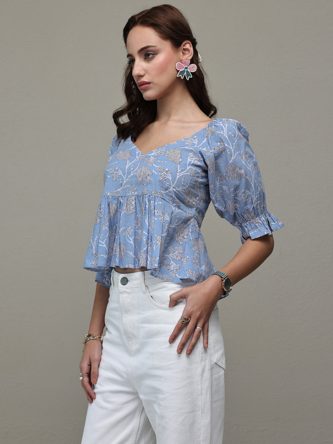 Blue Floral Printed Cotton A-Line Top 