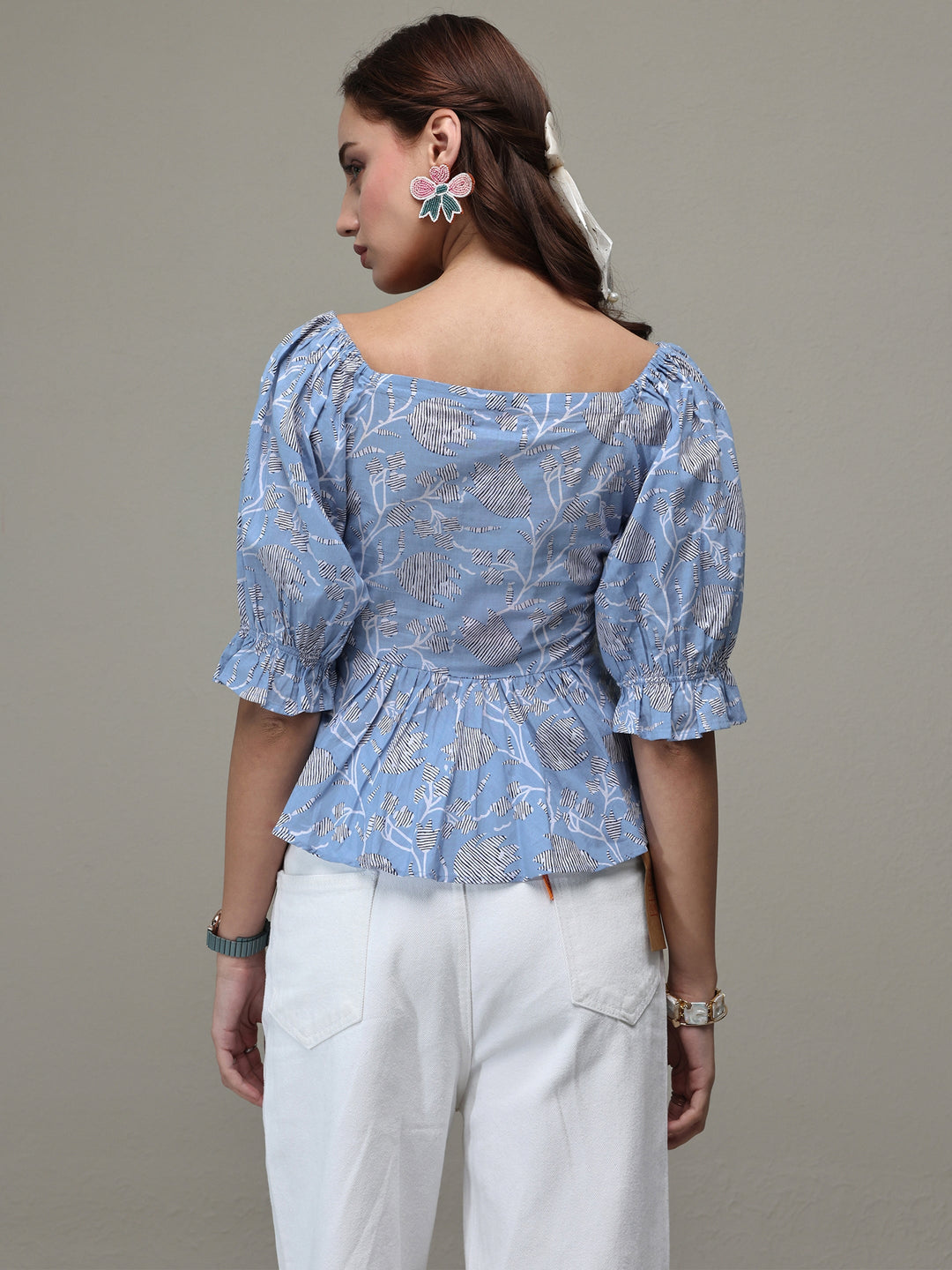  Blue Floral Printed Cotton A-Line Top 