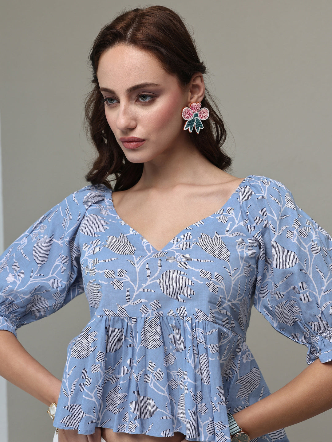  Blue Floral Printed Cotton A-Line Top 