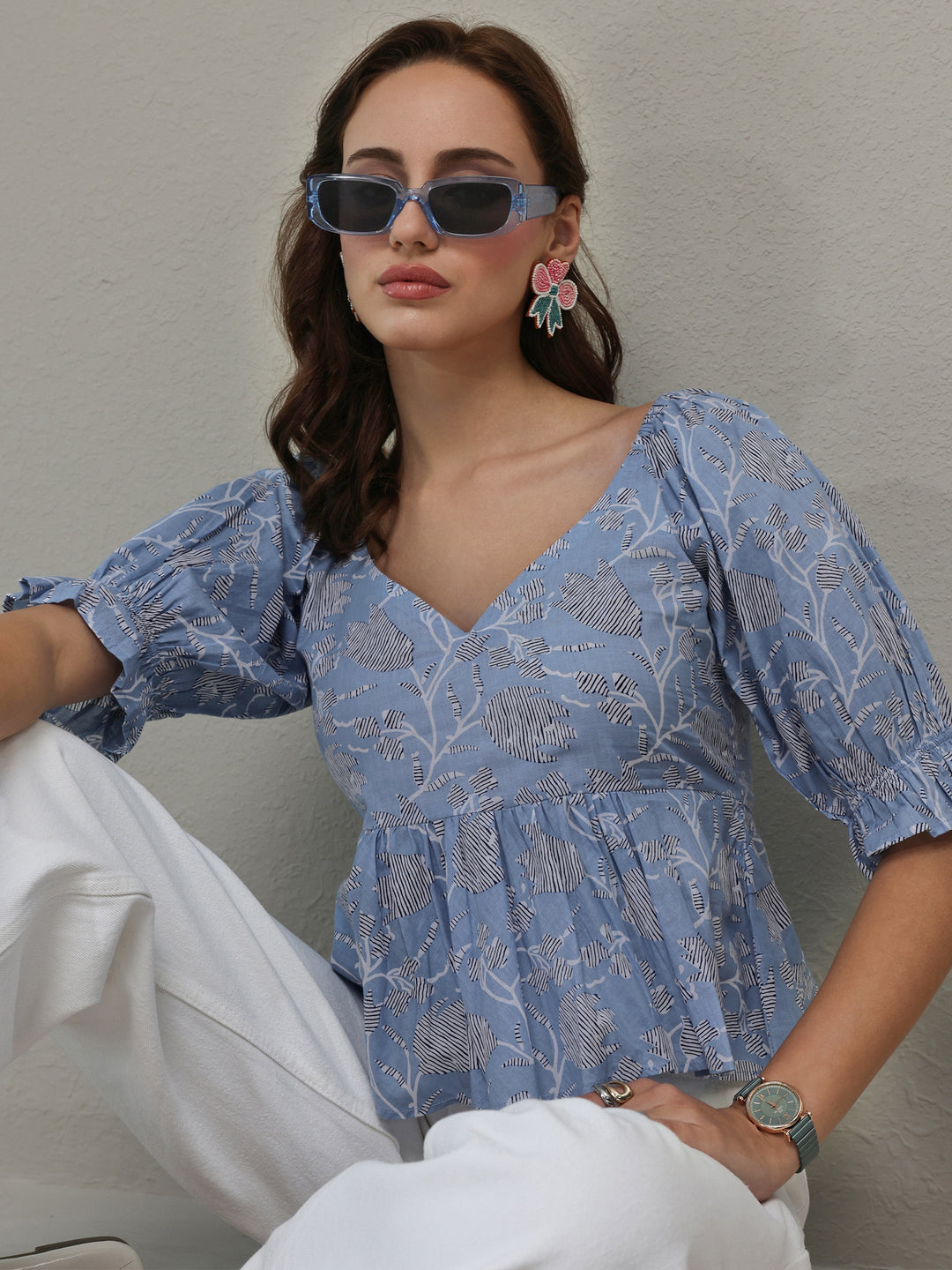  Blue Floral Printed Cotton A-Line Top 