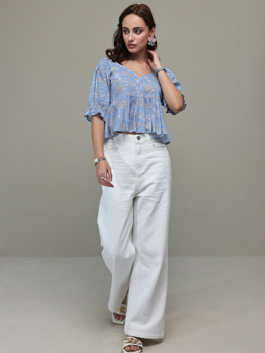  Blue Floral Printed Cotton A-Line Top 