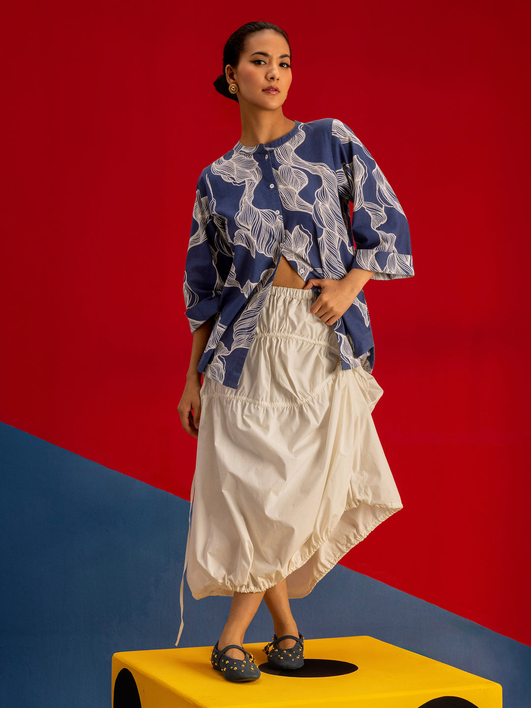 Blue Abstract Printed Cotton Straight Shirt